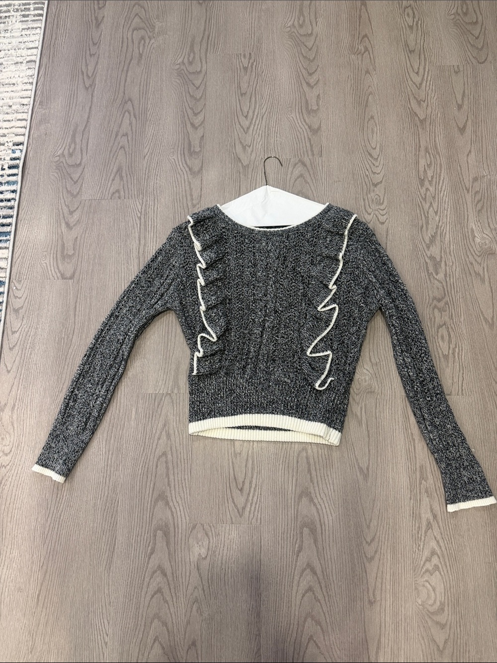 Aqua Gray Knit Ruffle-Trim Crew Sweater with Cream Accents